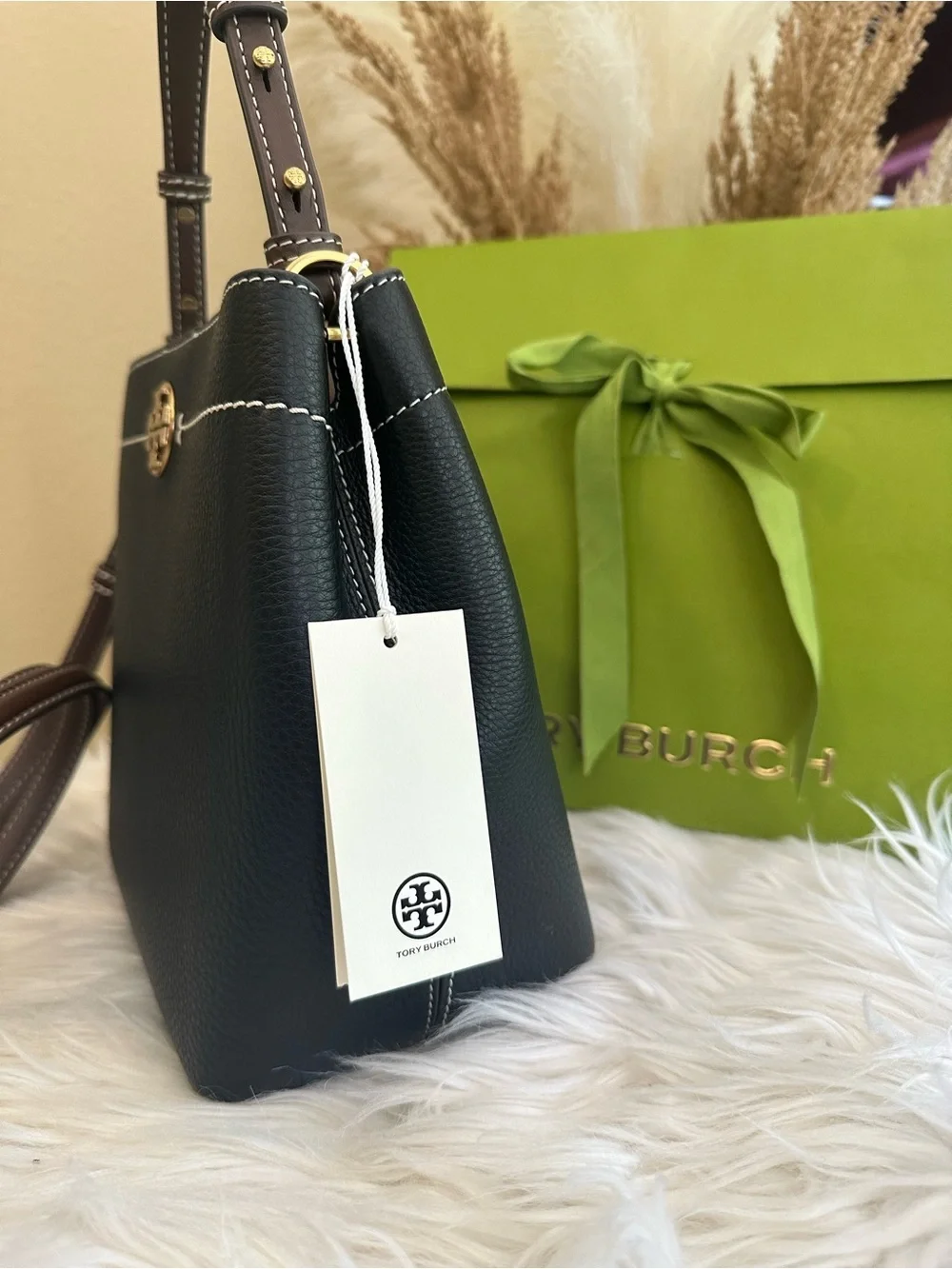 Tory Burch Black Leather Bucket Shoulder Bag with Gold Logo